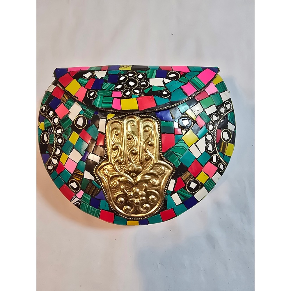 Ramla Handmade Mosaic Clutch Evening Bag Gold Hamsa Hand Colorful